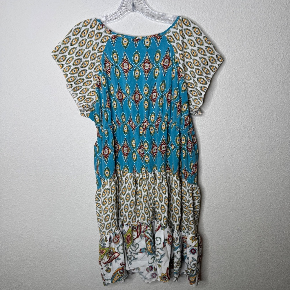 One World Live and Let Live Boho Medallion Print Tiered Dress Blue XL Artsy - Picture 7 of 8